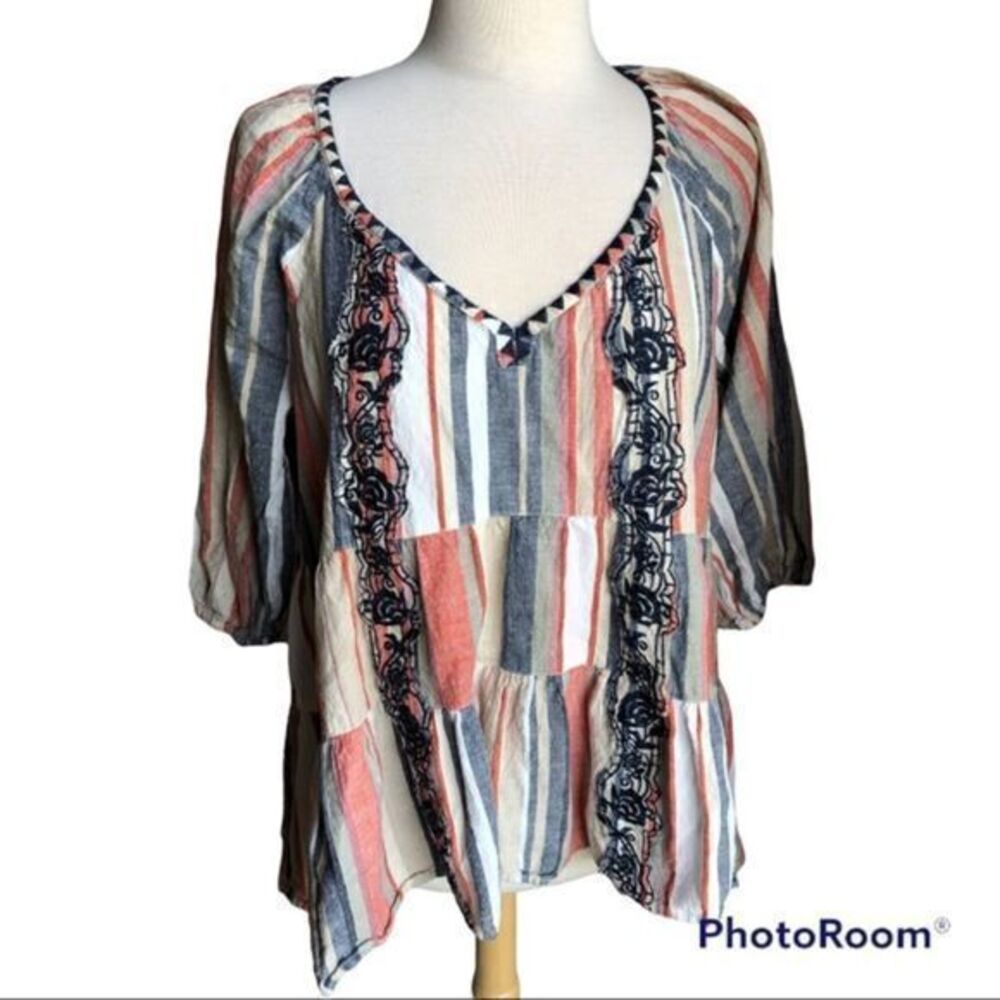 Melissa Paige striped embroidered tiered Flowy linen blend top large